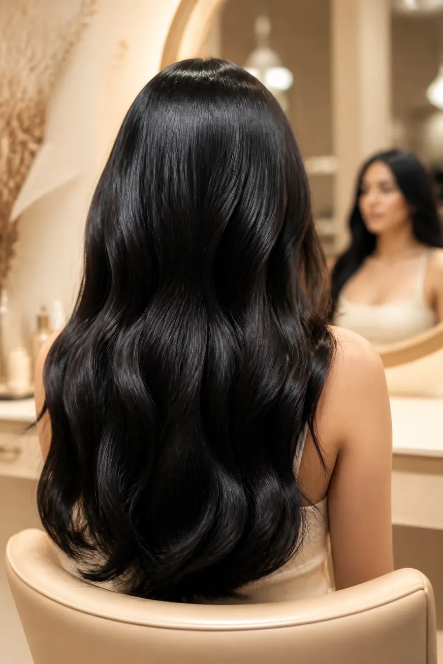 Cabello negro brillante tras cuidado profesional